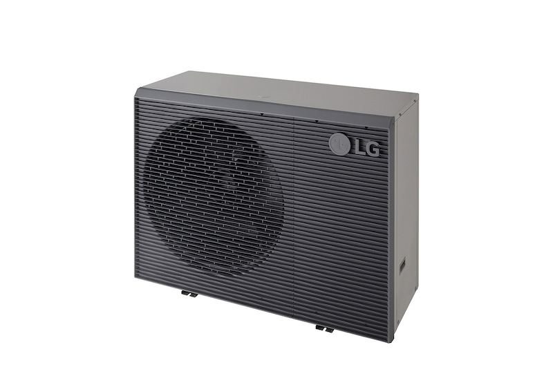 Tepelná čerpadla LG vzduch-voda HM163MRS UB40, horní pohled zprava na černou venkovní jednotku s šedou vlnitou mřížkou.