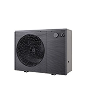 Tepelná čerpadla LG vzduch-voda HM163MRS UB40, pohled z pravého úhlu na černou venkovní jednotku s šedou vlnitou mřížkou.