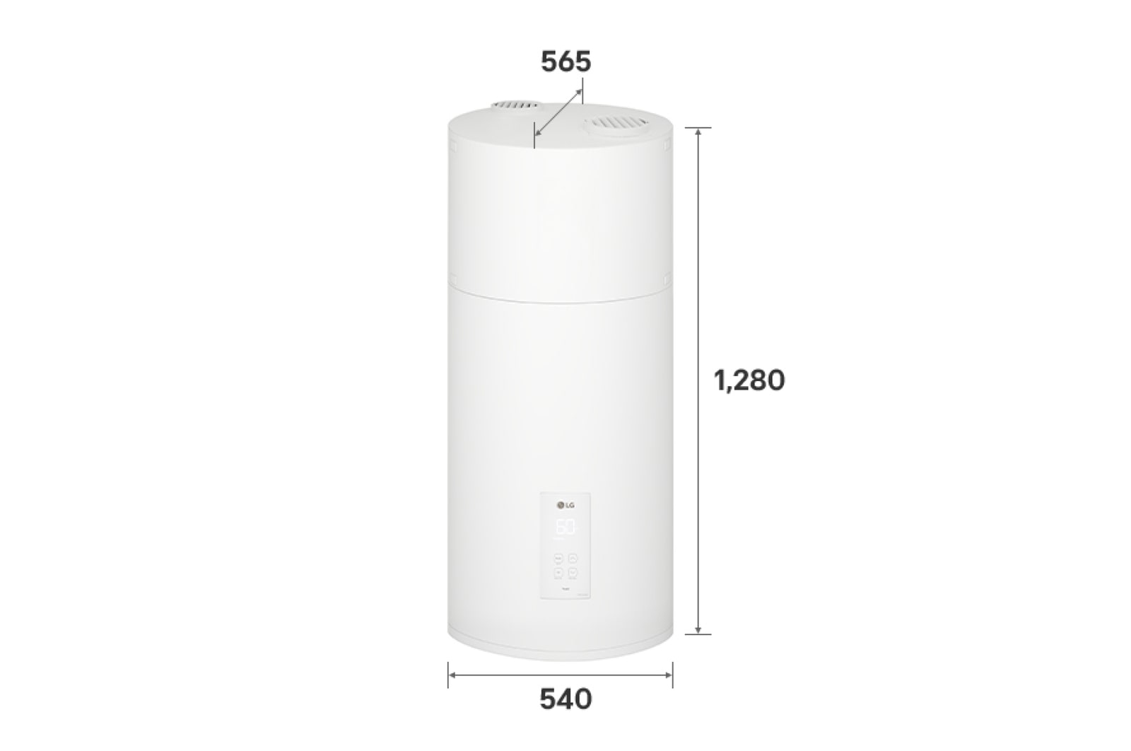 Exterior del calentador de agua con bomba de calor LG (WH10ESF0.FA) con indicación de las dimensiones. Sus medidas son 540 mm × 1280 mm × 565 mm.