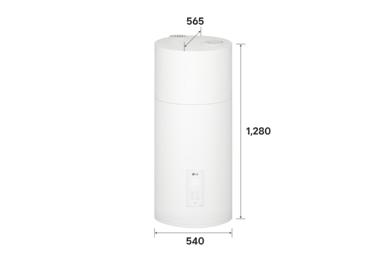 Exterior del calentador de agua con bomba de calor LG (WH10ESF0.FA) con indicación de las dimensiones. Sus medidas son 540 mm × 1280 mm × 565 mm.