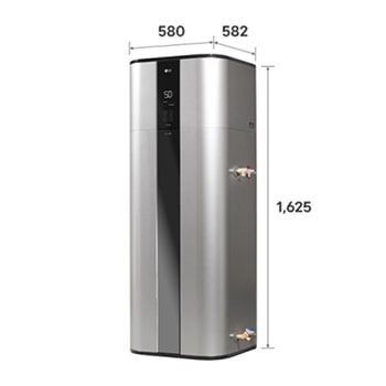 Horní pohled na tepelné čerpadlo s ohřívačem vody LG WH20STR.FA v luxusní stříbrné barvě s designem pro montáž na podlahu.