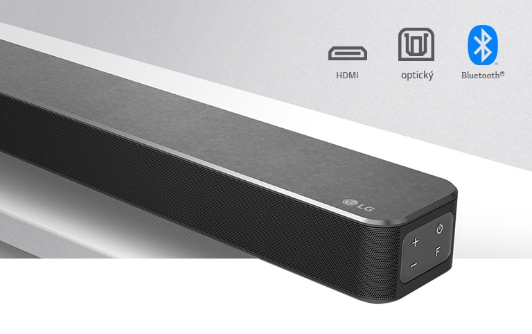 Detail pravé strany zařízení soundbar LG s logem LG v pravém spodním rohu. Nad výrobkem jsou zobrazeny ikony připojení.