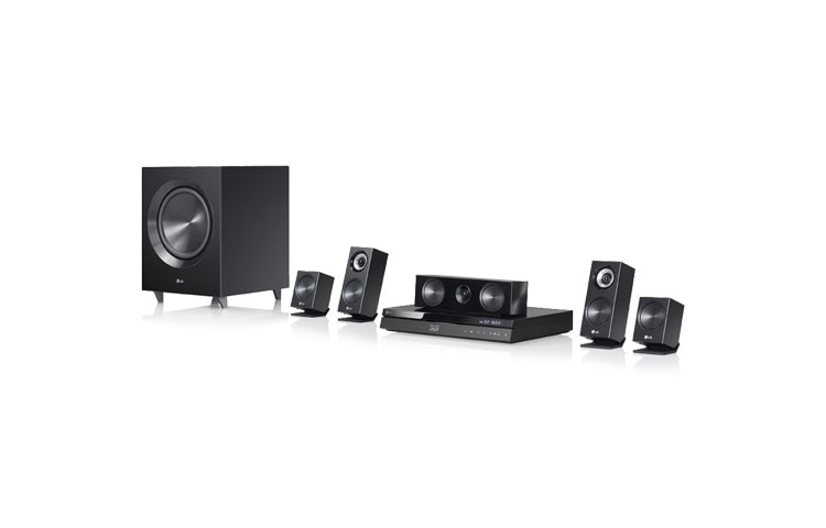 Čelní pohled na 5.1 kanálový 3D Blu-ray systém domácího kina s bezdrátovými zadními reproduktory, hudební výkon 1100W, USB direct ripping, vestavěná WiFi, WiFi Direct BH7220BW