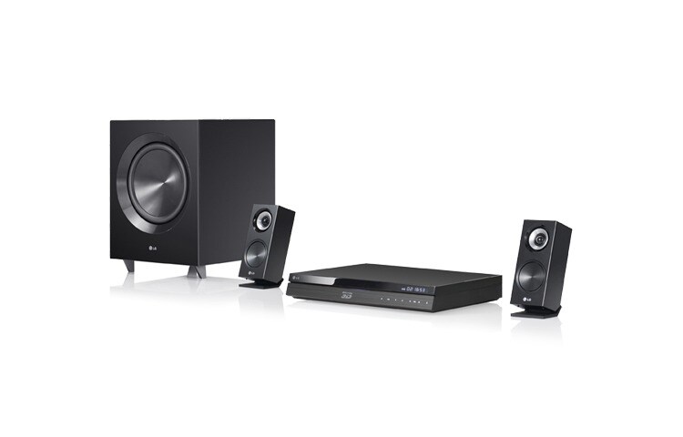 Čelní pohled na 2.1 kanálový 3D Blu-ray systém domácího kina, nastavitelný úhel stojanu reproduktorů, hudební výkon 560W, USB direct ripping, vestavěná WiFi, WiFi Direct BH7220C