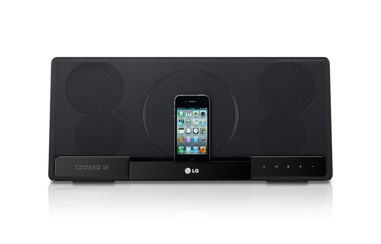 Čelní pohled na 2.0 kanálový Mikro Hi-Fi systém s CD přehrávačem, Bluetooth, výkon 40W, vstup pro iPod a iPhone, USB direct ripping, Portable In CM2820