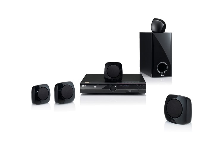 Čelní pohled na 5.1 kanálový DVD systém stylového domácího kina, hudební výkon 300W, USB direct ripping DH3120S