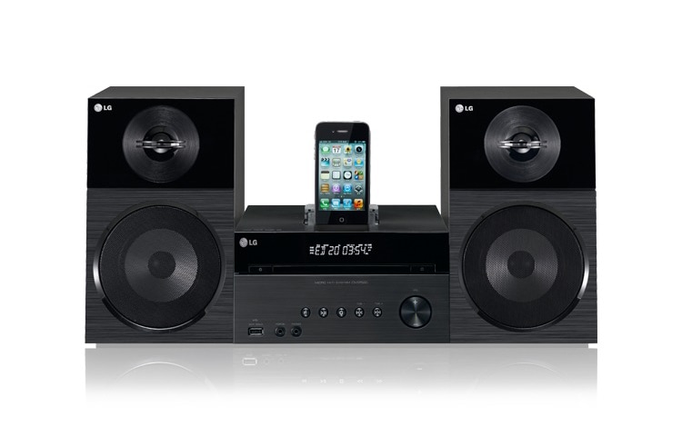 Čelní pohled na 2.0 kanálový Mikro Hi-Fi systém s DVD přehrávačem, výkon 60W, vstup pro iPod a iPhone, USB direct ripping, sluchátkový výstup, Portable In DM2520