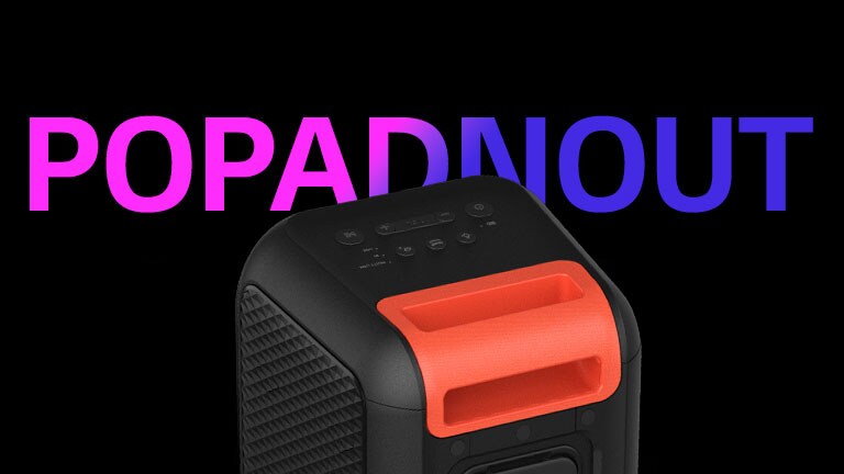 Detailní záběr ergonomické rukojeti. Pro účely designu je za reproduktorem napsáno slovo „POPADNOUT“.