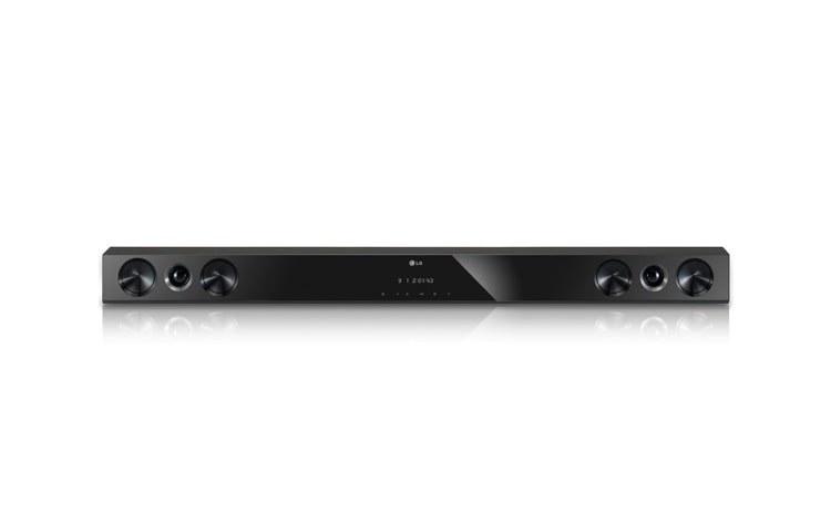 Čelní pohled na 2.1 kanálový SoundBar, hudební výkon 160W, 2x Optický vstup, Bluetooth, možnost připojení externího HDD, možnost připevnění na stěnu NB2420A