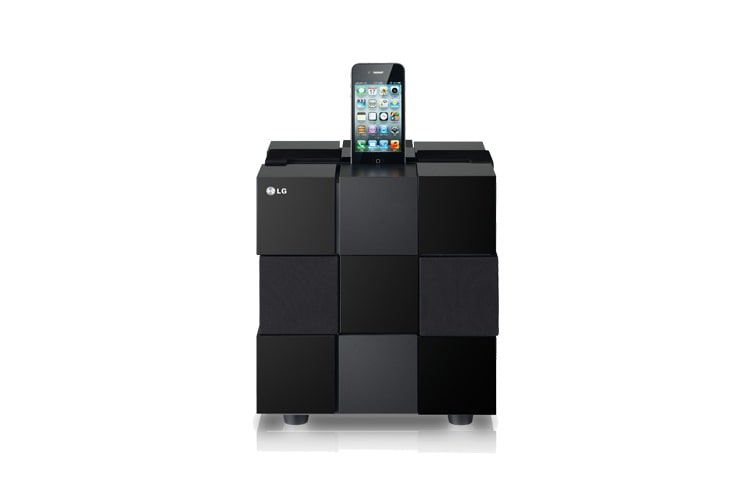 Čelní pohled na Elegantní dokovací stanice s integrovanými reproduktory, výkon 80W, Airplay, FM rádio tuner, vstup pro iPod, iPhone a iPad, zabudované Wi-Fi, ekvalizer, hodiny , budík, dálkový ovladač. ND8520
