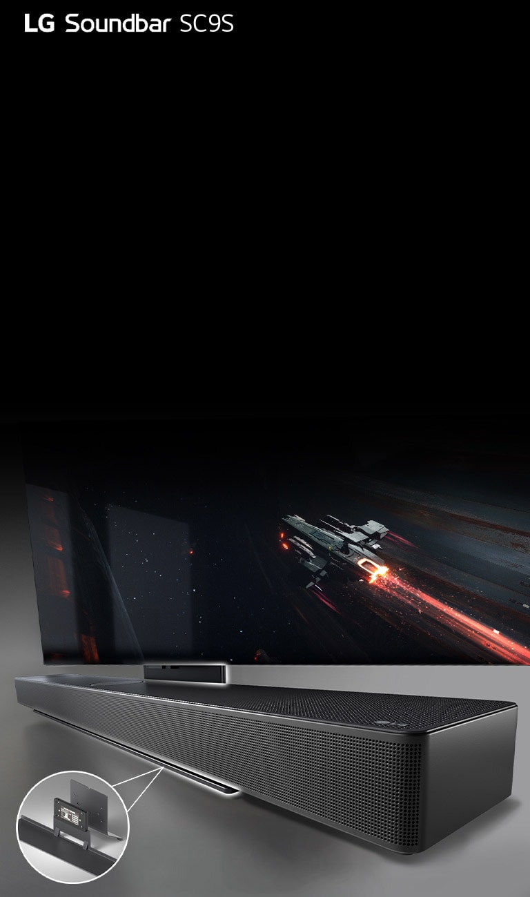 Diagonální pohled na televizor LG OLED řady C a soundbar SC9S. Na soundbaru jsou zobrazeny zvýrazněné prvky, které upozorňují na konzolu WOW soundbaru SC9S. Vlevo dole jsou zvětšeny obrázky konzoly WOW.