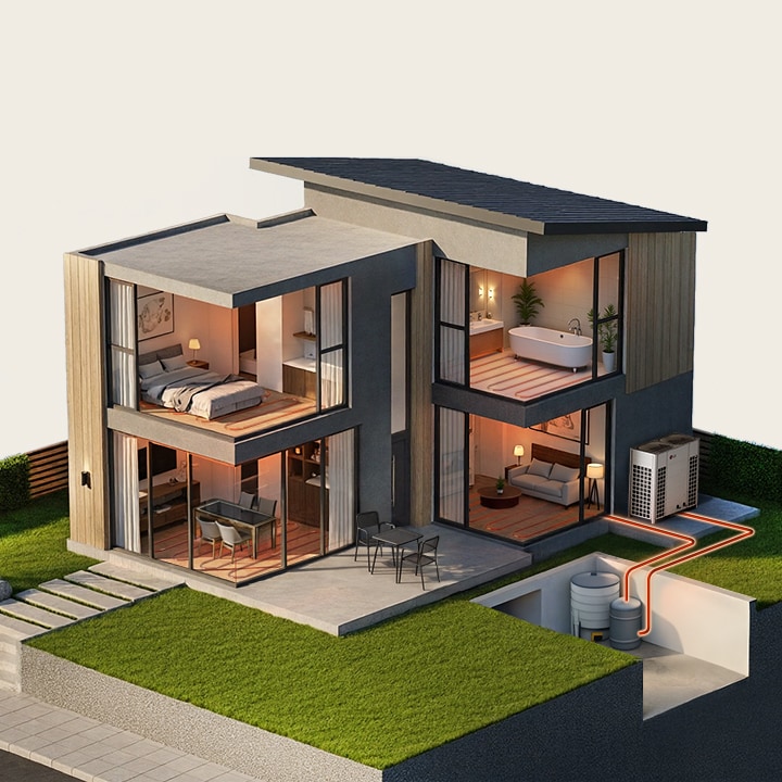 3D obraz rozsáhlého komplexu vícebytových domů zobrazujícího strukturální integraci R32 Monobloc 51 kW.