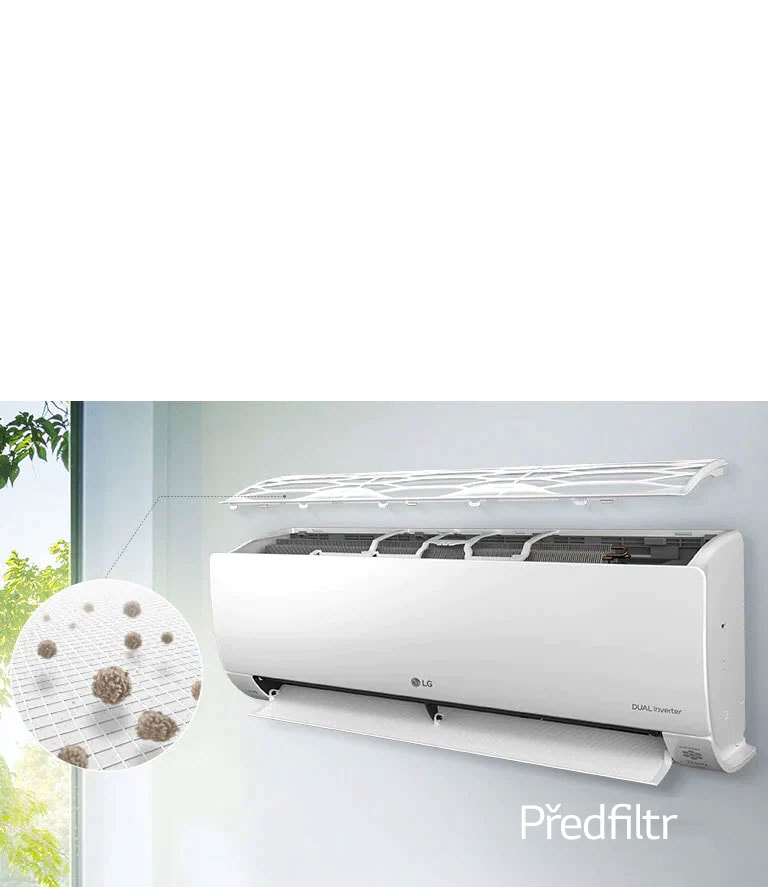 Klimatizace LG je nainstalována na zdi a zobrazena z bočního úhlu. Horní panel se vznáší nad ní, takže je možné vidět vnitřní filtry. Z předfiltru vede linka ke kruhu zobrazujícímu zvětšený pohled na prach zachycený v předfiltru. V pravém dolním rohu je umístěno logo předfiltr.