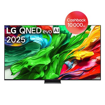 Pohled na LG QNED evo QNED86 TV zepředu, logo LG QNED evo Al v horním rohu. LG QNED evo QNED86 TV zobrazuje barevné kreslené textury, které se spojují.