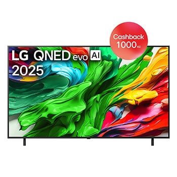 Pohled na LG QNED evo QNED85 TV zepředu, logo LG QNED evo Al v horním rohu. LG QNED evo QNED85 TV zobrazuje barevné kreslené textury, které se spojují.