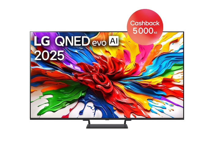 Pohled na LG QNED evo QNED92 TV zepředu, logo LG QNED evo Al v horním rohu. Televizor LG QNED evo zobrazuje barevné kreslené textury, které se spojují.