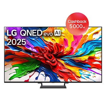 Pohled na LG QNED evo QNED92 TV zepředu, logo LG QNED evo Al v horním rohu. Televizor LG QNED evo zobrazuje barevné kreslené textury, které se spojují.