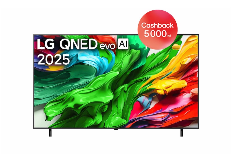 Pohled na LG QNED evo QNED85 TV zepředu, logo LG QNED evo Al v horním rohu. LG QNED evo QNED85 TV zobrazuje barevné kreslené textury, které se spojují.