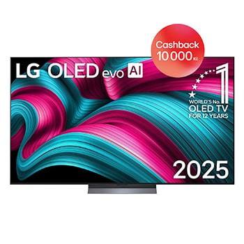 Čelní pohled na LG OLED evo AI C5 4K Smart TV. Na obrazovce je emblém 12 let světové jedničky OLED a logo LG OLED evo AI 2025.