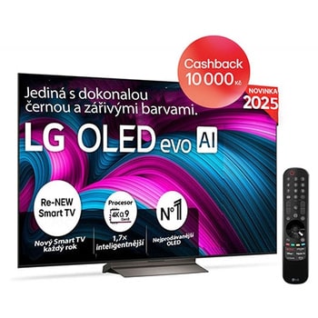 Čelní pohled na LG OLED evo AI C5 4K Smart TV. Na obrazovce je emblém 12 let světové jedničky OLED a logo LG OLED evo AI 2025.