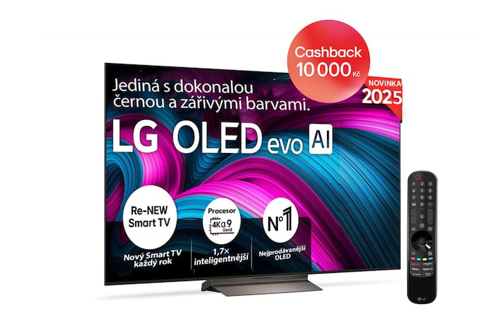 Čelní pohled na LG OLED evo AI C5 4K Smart TV. Na obrazovce je emblém 12 let světové jedničky OLED a logo LG OLED evo AI 2025.