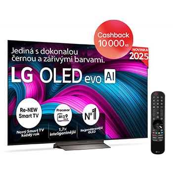 Čelní pohled na LG OLED evo AI C5 4K Smart TV. Na obrazovce je emblém 12 let světové jedničky OLED a logo LG OLED evo AI 2025.