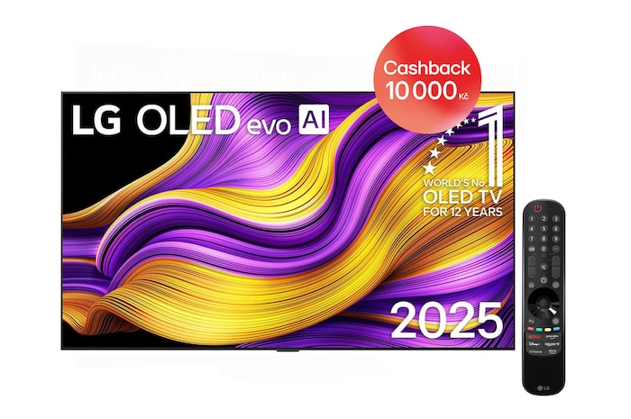 Čelní pohled na LG OLED evo AI C5 4K Smart TV. Na obrazovce je emblém 12 let světové jedničky OLED a logo LG OLED evo AI 2025.