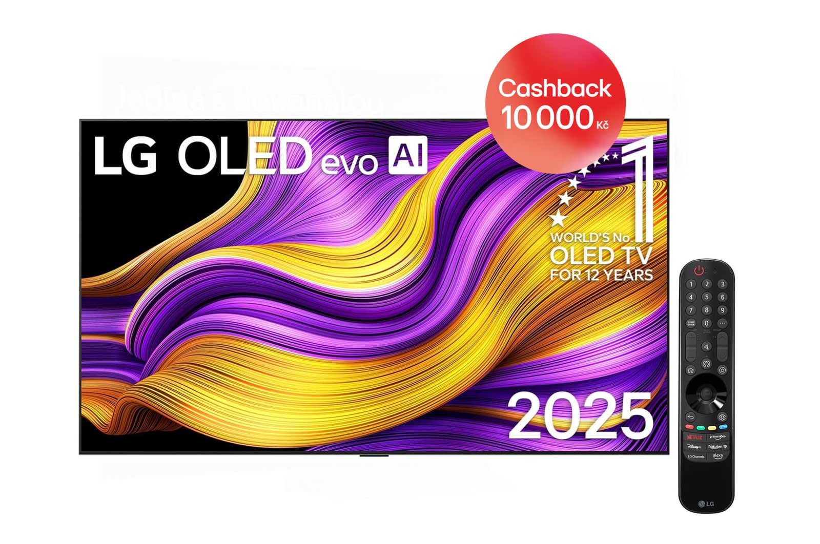 Čelní pohled na LG OLED evo AI C5 4K Smart TV. Na obrazovce je emblém 12 let světové jedničky OLED a logo LG OLED evo AI 2025.