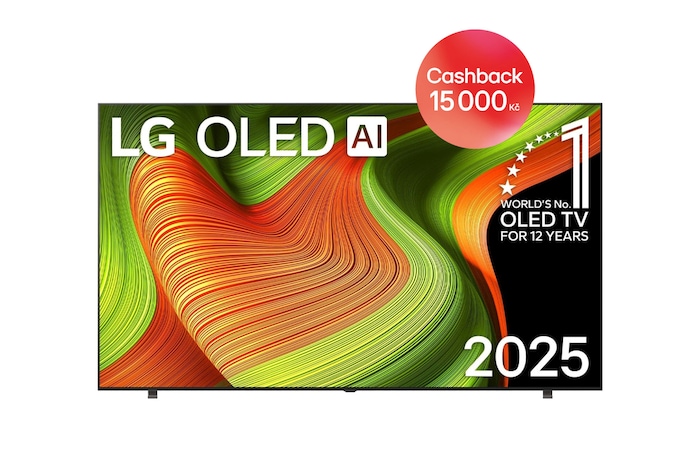 Čelní pohled na LG OLED AI B5 4K Smart TV. Na obrazovce je emblém 12 let světové jedničky OLED a logo LG OLED AI 2025.