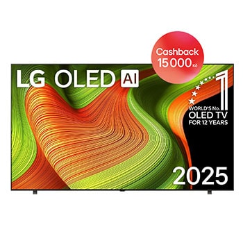Čelní pohled na LG OLED AI B5 4K Smart TV. Na obrazovce je emblém 12 let světové jedničky OLED a logo LG OLED AI 2025.