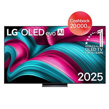 Čelní pohled na LG OLED evo AI C5 4K Smart TV. Na obrazovce je emblém 12 let světové jedničky OLED a logo LG OLED evo AI 2025.