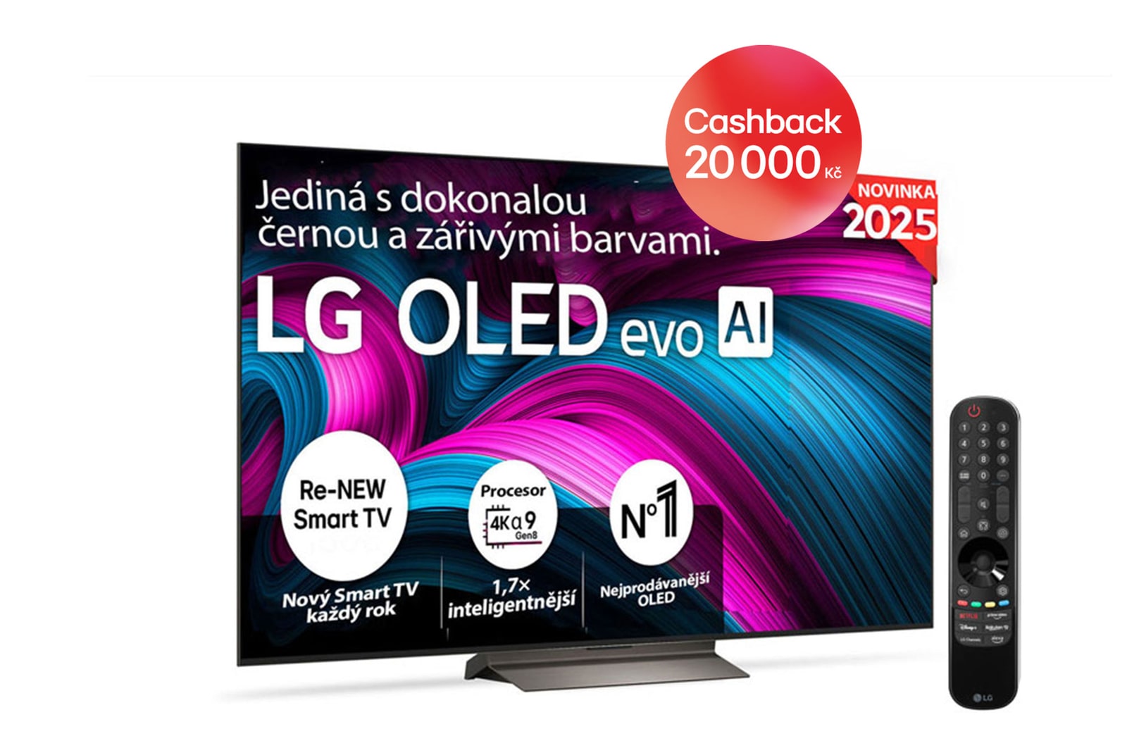 Čelní pohled na LG OLED evo AI C5 4K Smart TV. Na obrazovce je emblém 12 let světové jedničky OLED a logo LG OLED evo AI 2025.