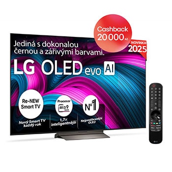 Čelní pohled na LG OLED evo AI C5 4K Smart TV. Na obrazovce je emblém 12 let světové jedničky OLED a logo LG OLED evo AI 2025.