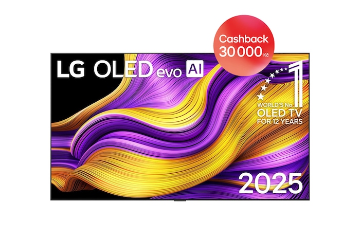 Čelní pohled na LG OLED evo AI C5 4K Smart TV. Na obrazovce je emblém 12 let světové jedničky OLED a logo LG OLED evo AI 2025.