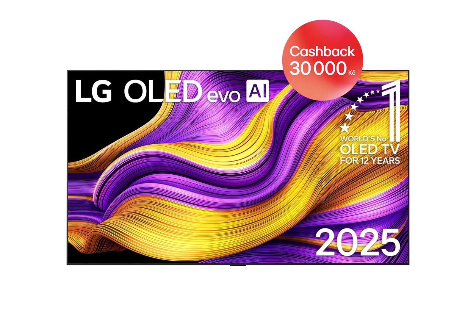 Čelní pohled na LG OLED evo AI C5 4K Smart TV. Na obrazovce je emblém 12 let světové jedničky OLED a logo LG OLED evo AI 2025.