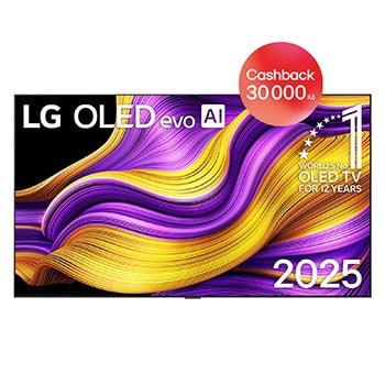 Čelní pohled na LG OLED evo AI C5 4K Smart TV. Na obrazovce je emblém 12 let světové jedničky OLED a logo LG OLED evo AI 2025.