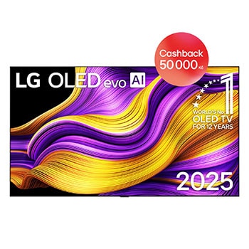 Čelní pohled na LG OLED evo AI G5 4K Smart TV. Na obrazovce je emblém 12 let světové jedničky OLED a logo LG OLED evo AI 2025.