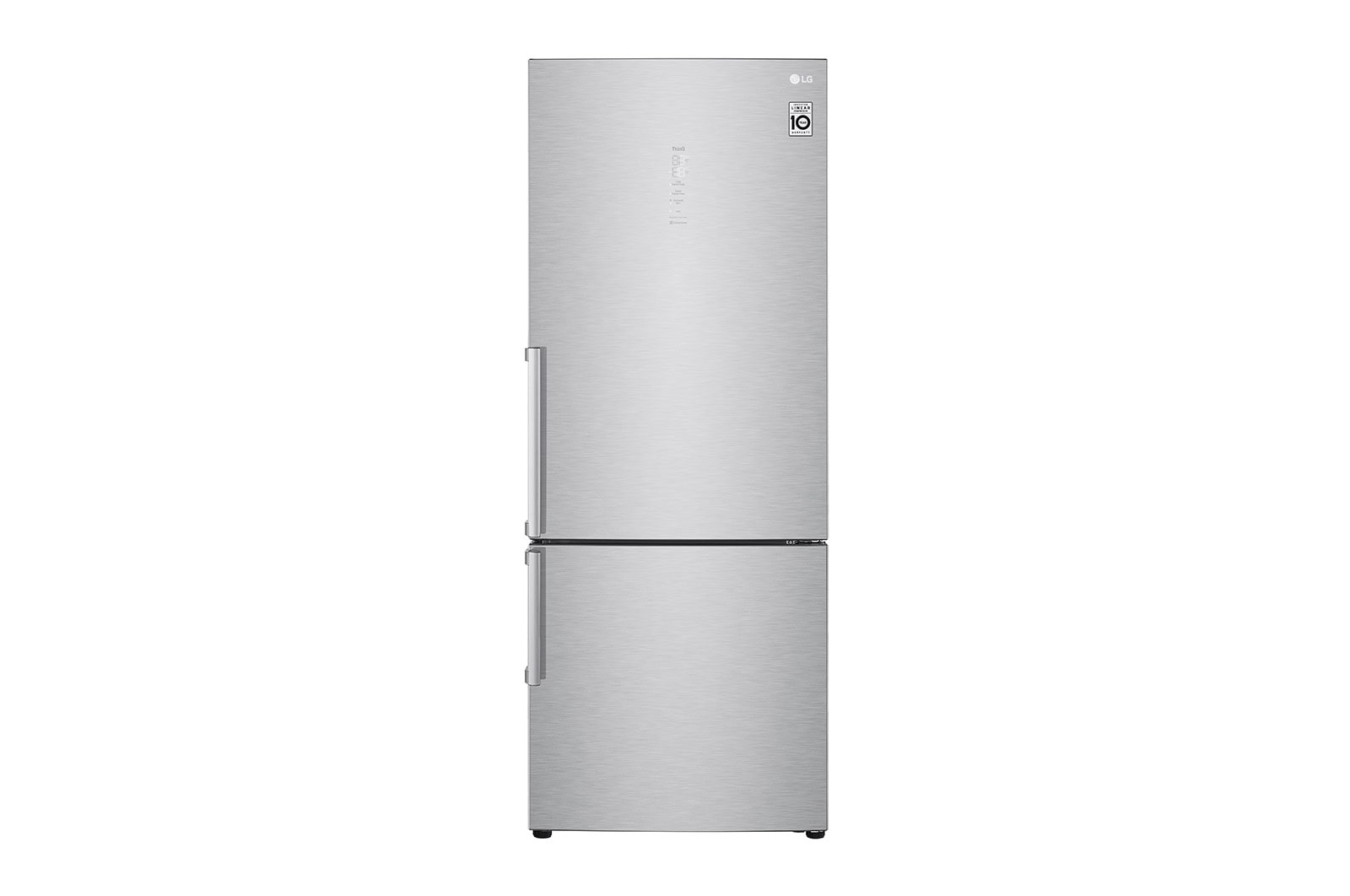 Čelní pohled na D | Hrubý objem 500 l | 225 kWh/rok | LG Lineární invertorový kompresor | LG Total No Frost | Multi-Air Flow™ | Vnější LCD displej | DoorCooling&#43;™ | ThinQ™ &#43; WiFi GBB569NSAFB