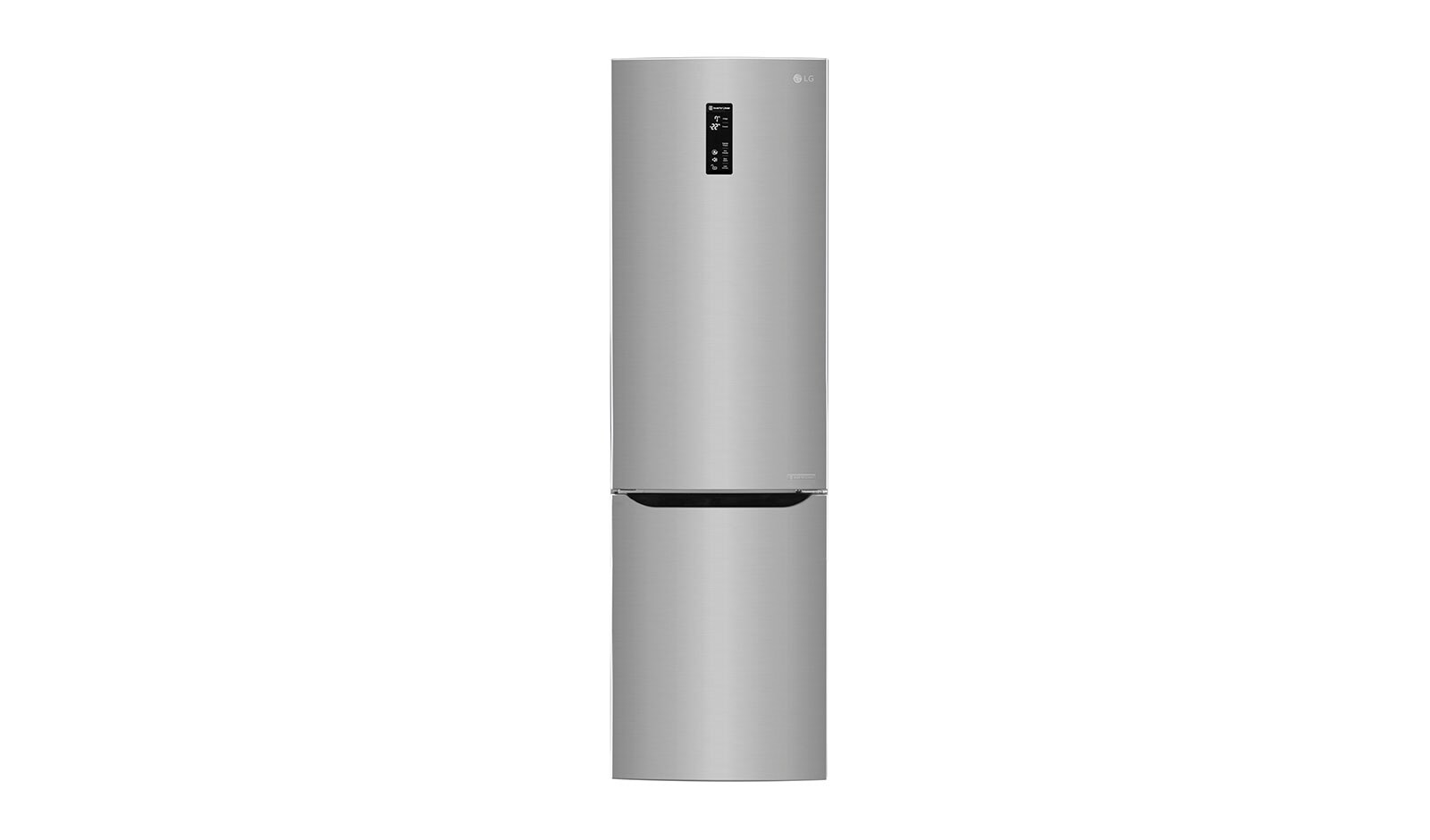 Čelní pohled na Hrubý objem 375 l | 266 kWh/rok | LG Lineární invertorový kompresor | LG Total No Frost | Multi-Air Flow™ | NatureFRESH | Vnější LED displej | Smart Diagnosis™ GBB60PZFZS