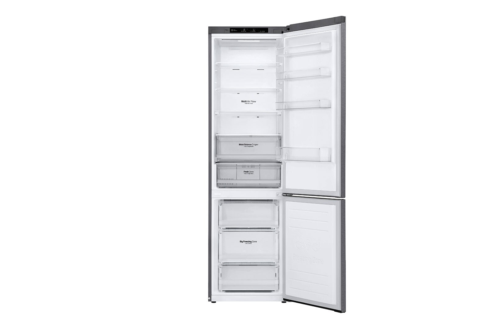 LG E | Hrubý objem 419 l | 268 kWh/rok | LG Lineární invertorový kompresor | LG Total No Frost | DoorCooling+™ | Vnitřní LED displej | Smart Diagnosis™, GBB62PZJZN