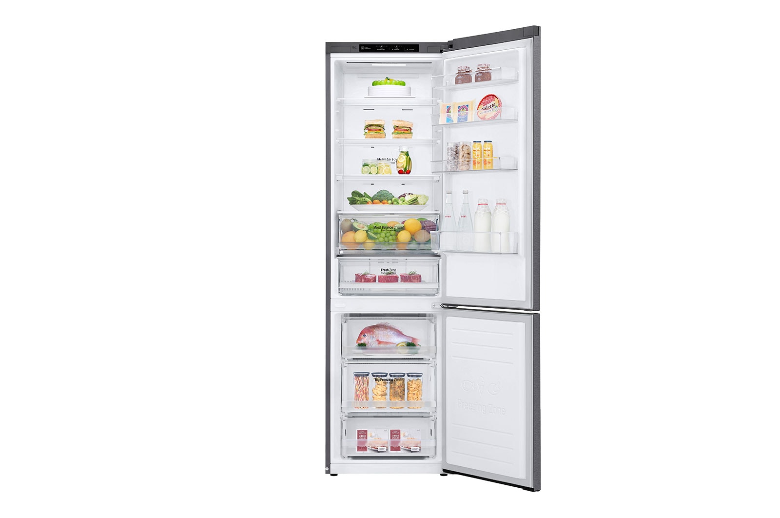 LG E | Hrubý objem 419 l | 268 kWh/rok | LG Lineární invertorový kompresor | LG Total No Frost | DoorCooling+™ | Vnitřní LED displej | Smart Diagnosis™, GBB62PZJZN