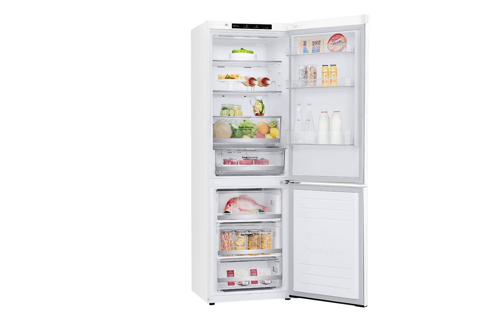 LG ﻿Kombinovaná chladnička | D | Hrubý objem 374 l | 214 kWh/rok | LG Lineární invertorový kompresor | LG Total No Frost | DoorCooling+™ | Vnitřní LED displej | Smart Diagnosis™, GBB71SWEFN