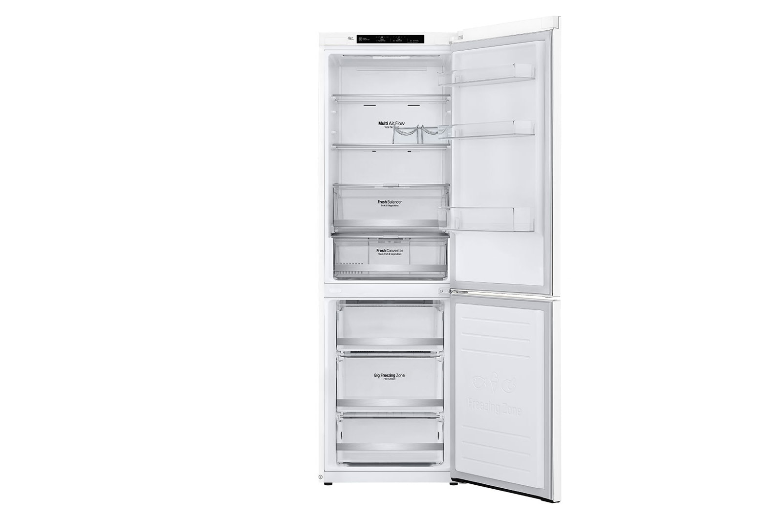 LG ﻿Kombinovaná chladnička | D | Hrubý objem 374 l | 214 kWh/rok | LG Lineární invertorový kompresor | LG Total No Frost | DoorCooling+™ | Vnitřní LED displej | Smart Diagnosis™, GBB71SWEFN