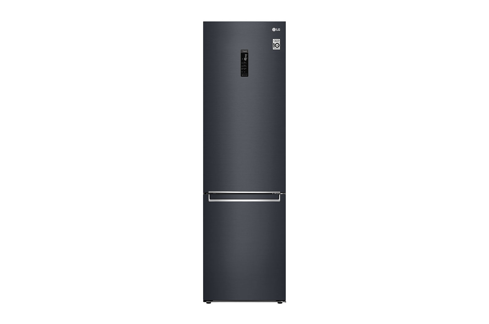 Čelní pohled na ﻿Kombinovaná chladnička | D | Hrubý objem 419 l | 215 kWh/rok | LG Smart invertorový kompresor | Multi-Air Flow™ | WiFi + Smart Diagnosis™ | DoorCooling+™ GBB72MCUGN