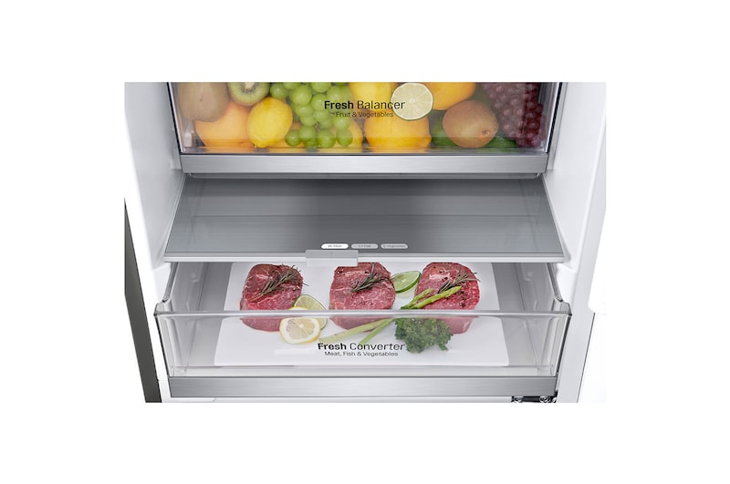 LG Kombinovaná chladnička | D | Hrubý objem 419 l | 215 kWh/rok | LG Lineární invertorový kompresor | LG Total No Frost | DoorCooling+™ | Vnější LED displej | ThinQ™ + WiFi ﻿, GBB72PZDFN