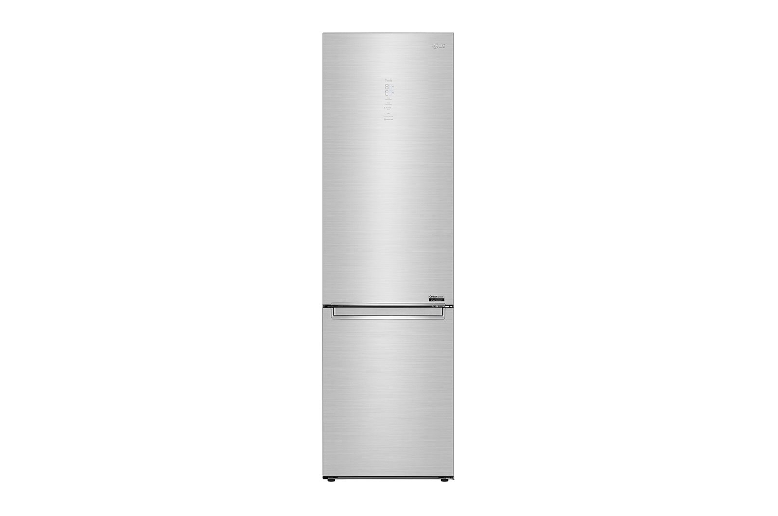 Čelní pohled na Kombinovaná chladnička | D | Hrubý objem 419 l | 200 kWh/rok | LG Lineární invertorový kompresor | LG Total No Frost | DoorCooling&#43;™ | Vnější LCD displej | ThinQ™ &#43; WiFi &#xfeff; GBB92STAXP