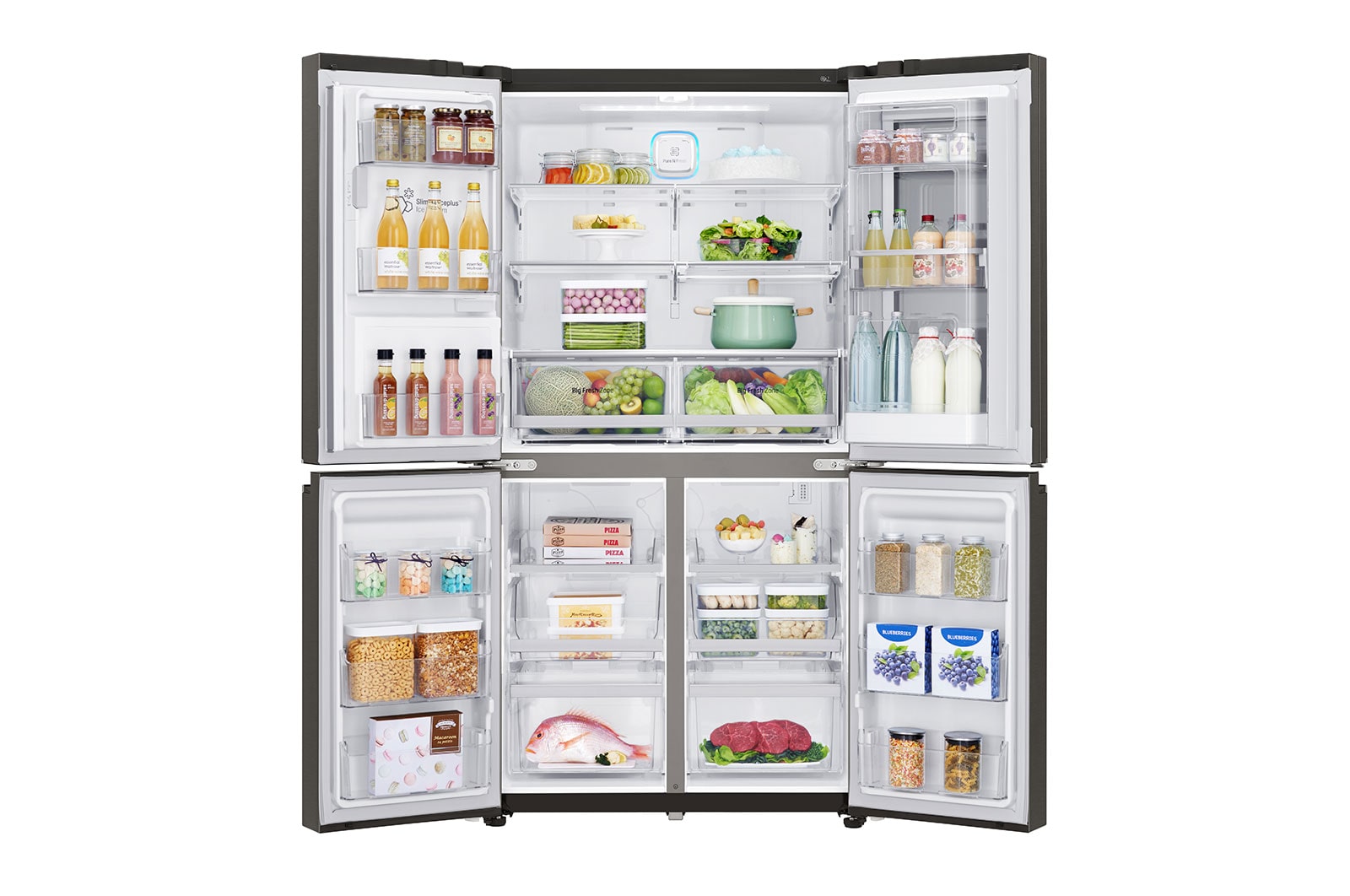 LG InstaView Door-in-Door™ | A+| Hrubý objem 705 l | 470 kWh/rok | LG Lineární invertorový kompresor | LG Total No Frost | Multi-Air Flow™ | Nápojový automat | Pure N Fresh™ | ThinQ™ + WiFi, GMX936SBHV