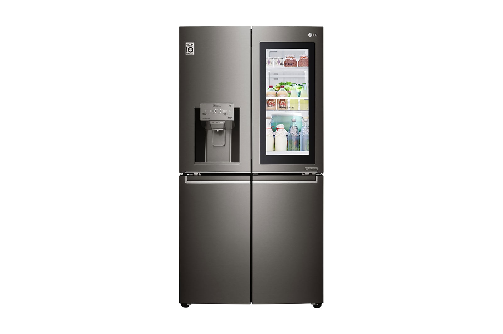 Čelní pohled na InstaView Door-in-Door™ | A&#43;| Hrubý objem 705 l | 470 kWh/rok | LG Lineární invertorový kompresor | LG Total No Frost | Multi-Air Flow™ | Nápojový automat | Pure N Fresh™ | ThinQ™ &#43; WiFi GMX936SBHV