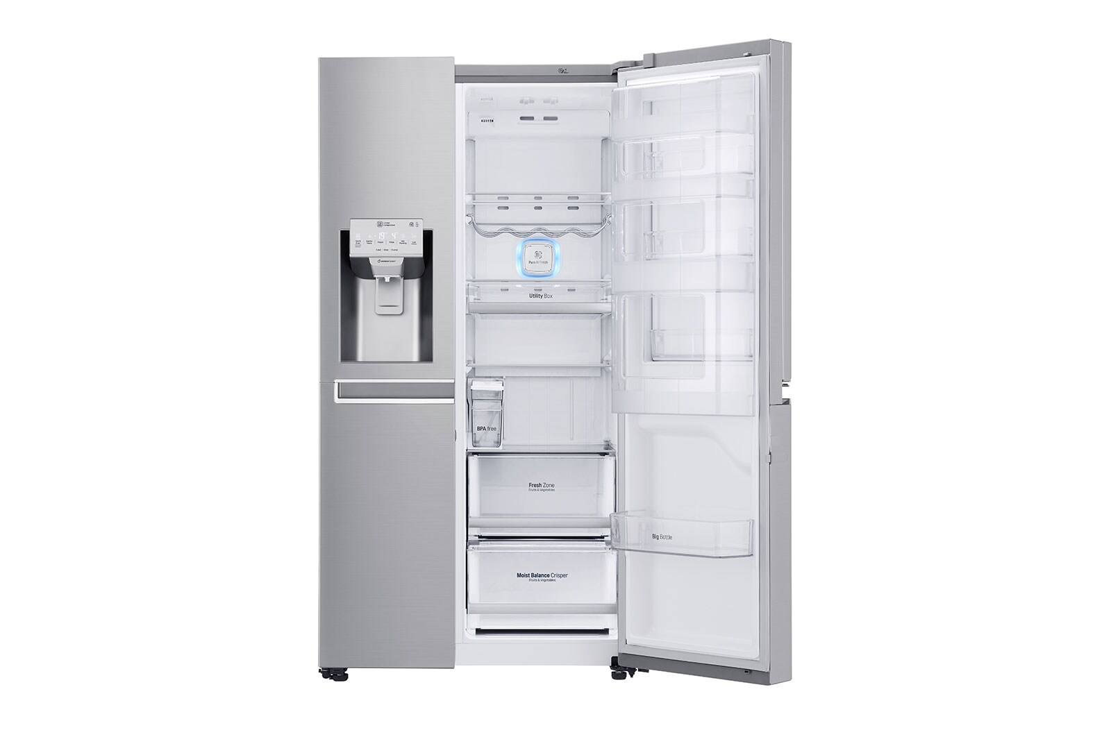 LG Door-in-Door™ | F (v rozsahu A až G) | Hrubý objem 668 l | 376 kWh/rok | LG Lineární invertorový kompresor | LG Total No Frost | Multi-Air Flow™ | Vnější LED displej | Nápojový automat | Pure N Fresh™, GSJ961NEBZ