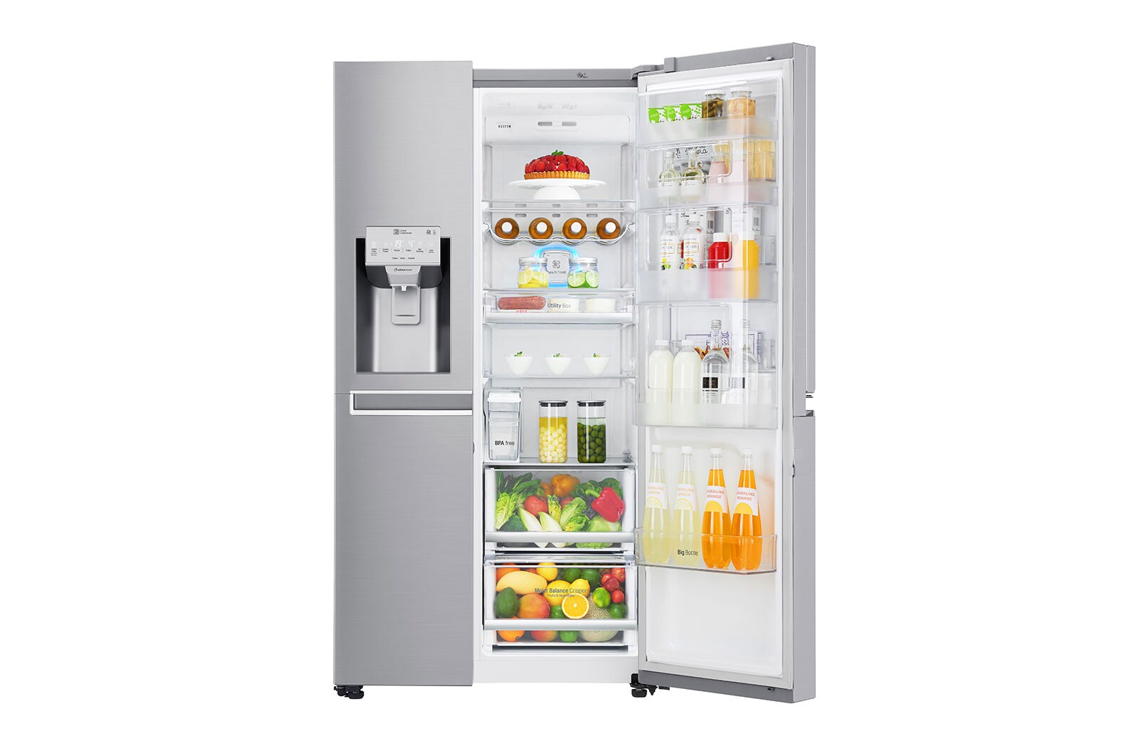LG Door-in-Door™ | F (v rozsahu A až G) | Hrubý objem 668 l | 376 kWh/rok | LG Lineární invertorový kompresor | LG Total No Frost | Multi-Air Flow™ | Vnější LED displej | Nápojový automat | Pure N Fresh™, GSJ961NEBZ